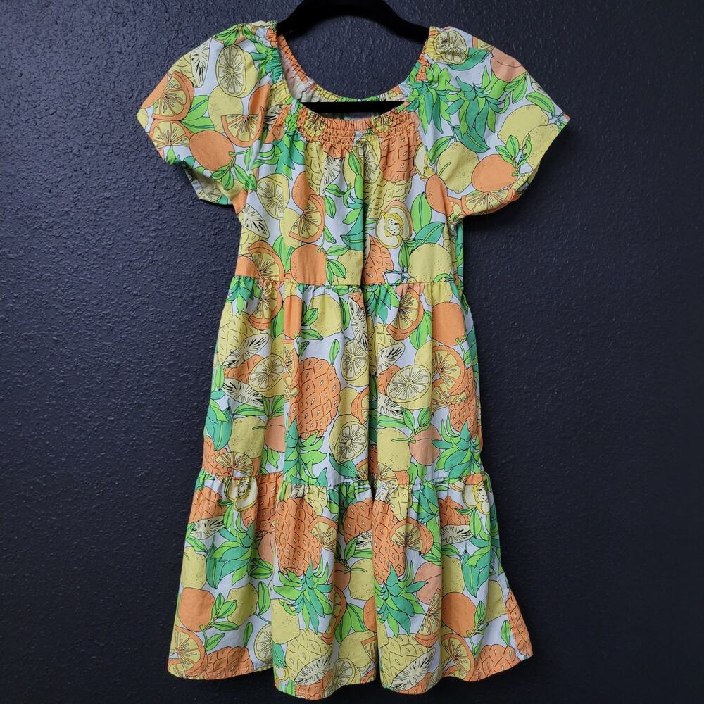 Peyton & Parker Girls Citrus Fruit Print Tiered Dress Size 10-12 Orange Lemon